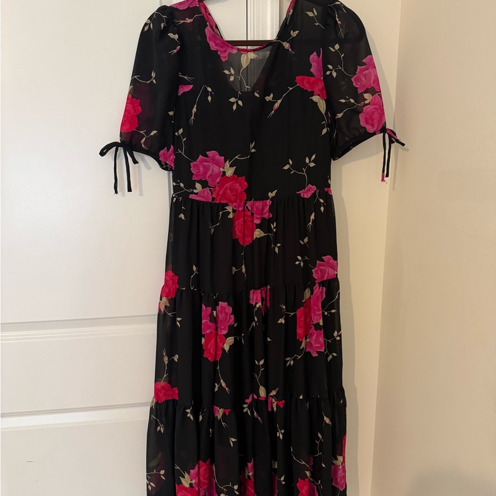 Betsey Johnson Black Maxi Dress with Pink Floral Design